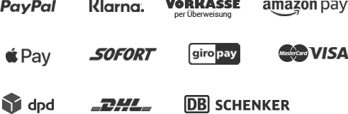 Bei uns knnen Sie mit PayPal, Klarna, Vorkasse, amazon pay, apple pay, sofortberweisung, giropay und mit Kreditkarte zahlen. Wir versenden die Ware mit dpd, DHL oder per Spedition.